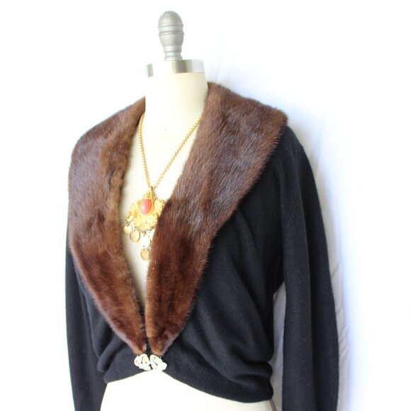 Bernard Altman black Cashmere cardigan brown Mink Collar vintage dress sweater - Picture 5 of 9